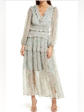 Floral Ruffle Tiered Maxi Dress - Light Green